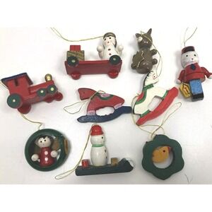 Vintage Lot of 9 Miniature Hand‎ Painted Wooden Christmas Ornaments